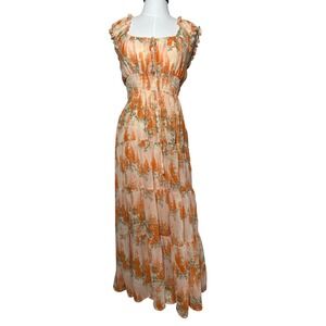 Floral Print Maxi Sun Dress Square Neck Milkmaid Orange Peach Spring